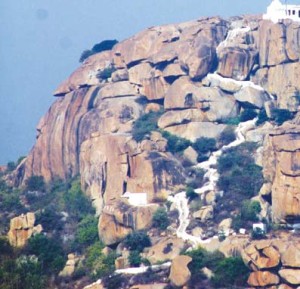 Anjanagiri Hill with massive boulders that are precariously balanced on the hilltop
