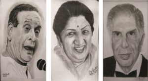 Pencil sketches of Pt. Bhimsen Joshi, Lata Mangeshkar and Rata Tata by Pandit who is also an artist