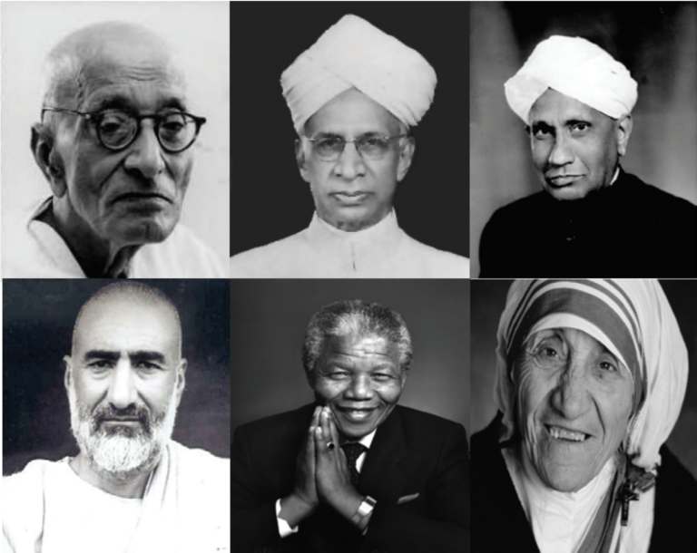 1st Row: Former Chief Minister of Tamil Nadu C. Rajagopalachari, first Vice President of India S. Radhakrishnan and Nobel Prize Laureate and Physicist C. V. Raman were the first recipients of the Bharat Ratna in 1954. 2nd row: Khan Abdul Ghaffar Khan, Nelson Mandela and Mother Teresa are the non Indians to receive the Bharat Ratna.