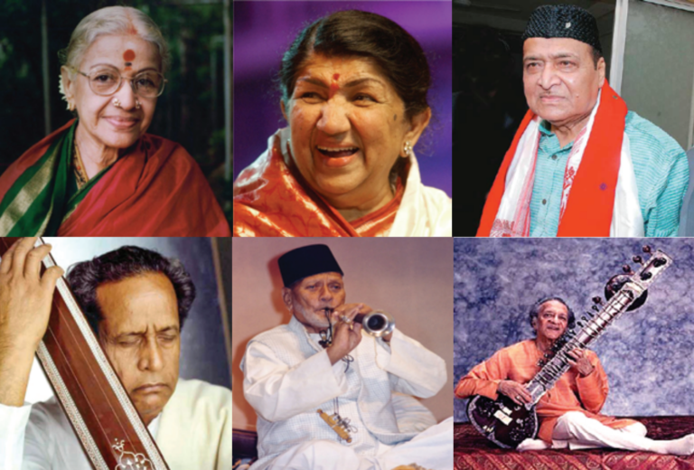 1st Row: M.S. Subbulakshmi was the first musician ever to receive the Bharat Ratna in 1998. India`s nightingale Lata Manageshkar and Bhupen Hazarika were two other prominent people from the music industry to have received Bharat Ratna. 2nd Row: Classical vocalist Pandit Bhimsen Joshi, shehnai player Ustad Bismillah Khan and sitarist Pt. Ravi Shankar were other prominent recipients from the music fraternity to receive the Bharat Ratna.