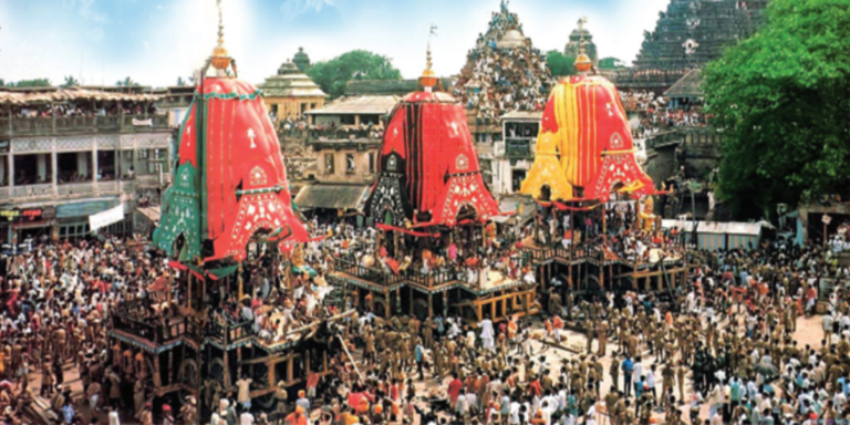 Jagannath Rath Yatrais a grand spectacle, characterised by the procession of three enormous, intricately decorated wooden chariots, each carrying one of the deities Lord Jagannath (an incarnation of Lord Vishnu) and his siblings Balabhadra and Subhadra